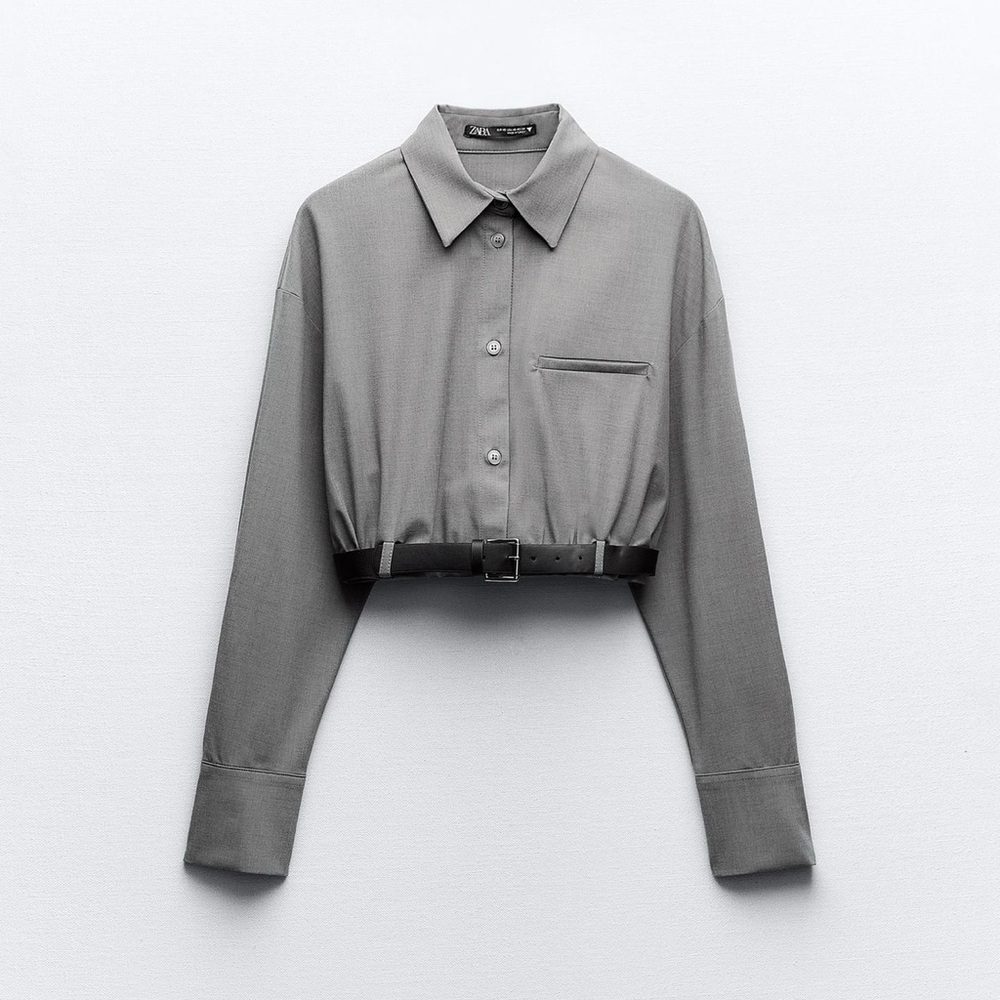 NEW Zara Women’s Gray Marl Belted Crop Button-Down Shirt Sz XS